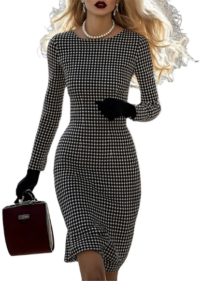 Retro Elegant High-End Round Neck Houndstooth Dress