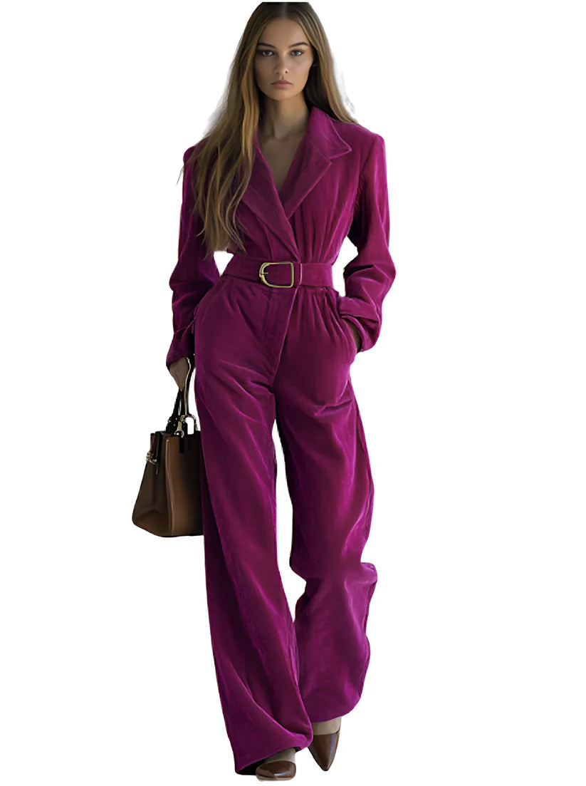 Casual Loose Retro Solid Color Corduroy Lapel Tie Long Sleeve Jumpsuit