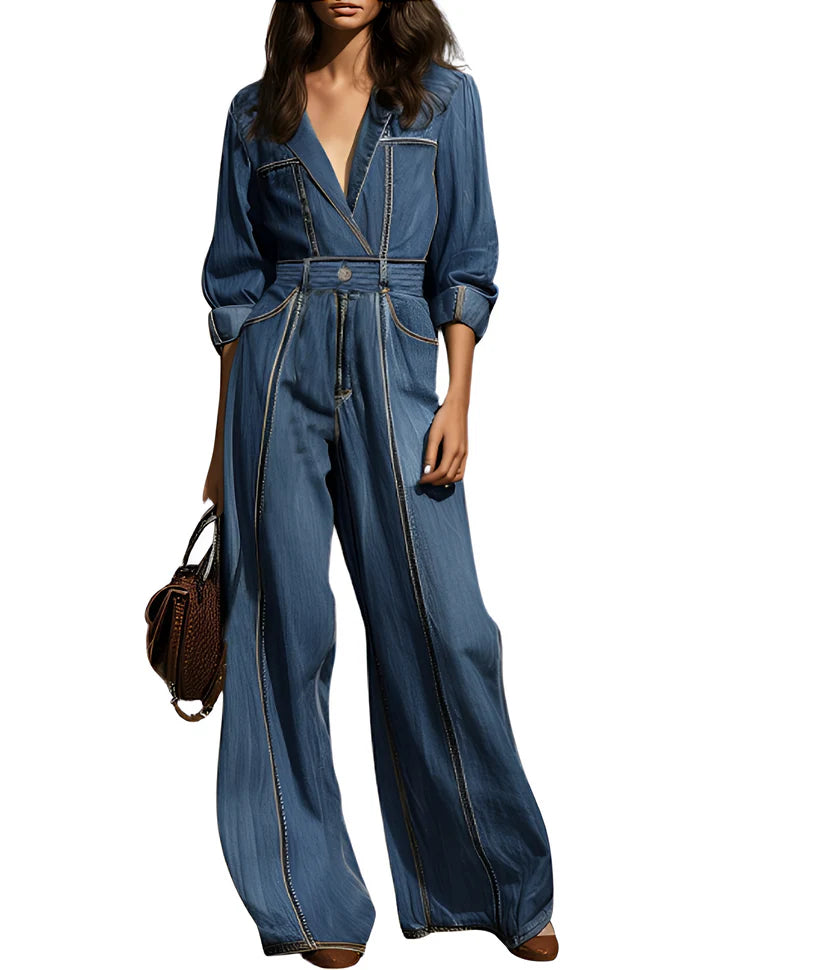 Casual Loose Retro Belted Long Sleeve Denim Jumpsuit