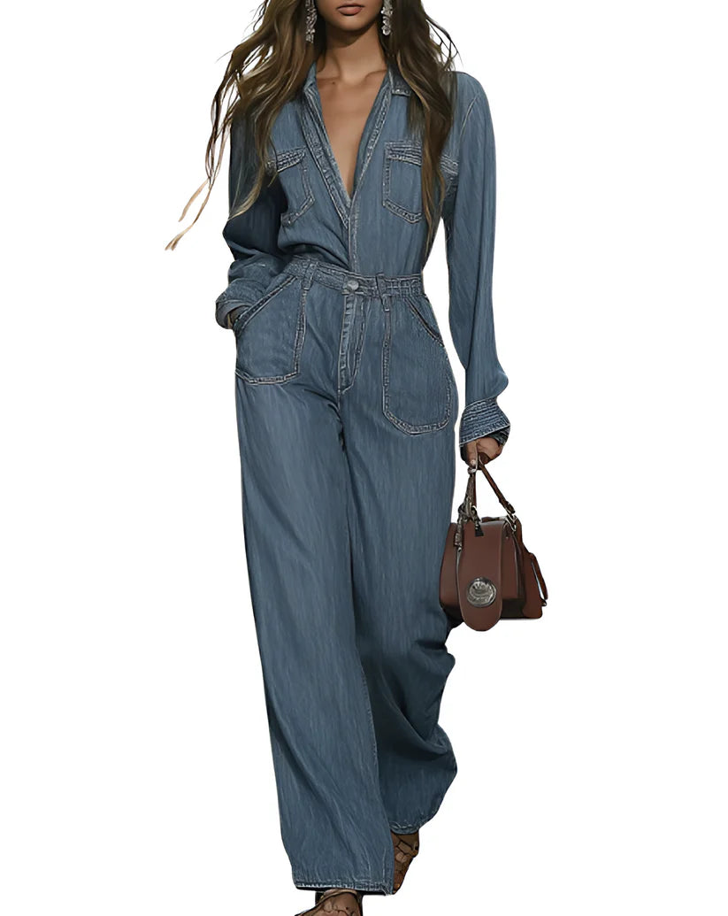 Casual Fashion Simple Retro Multi-Pocket Denim Long Sleeve Jumpsuit