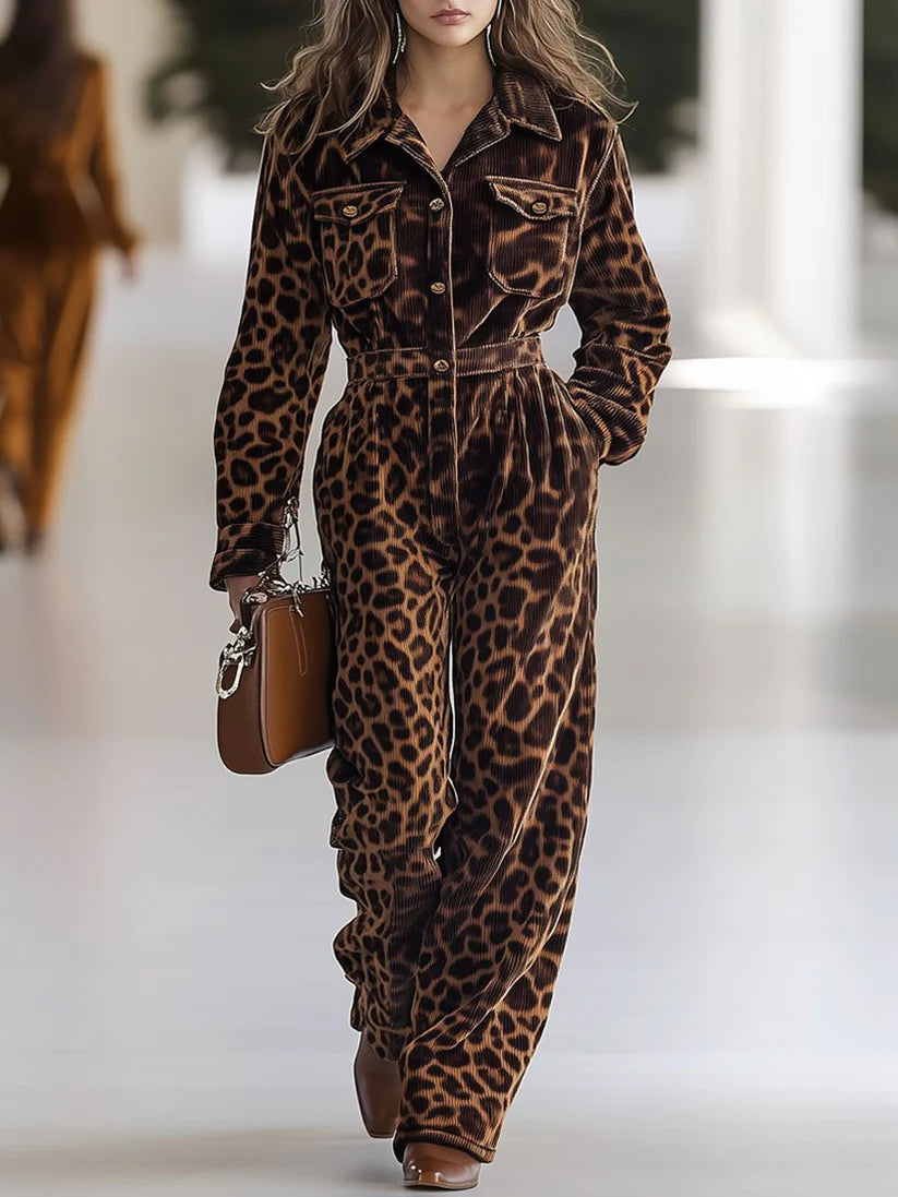 Casual Loose Retro Corduroy Leopard Long Sleeve Jumpsuit