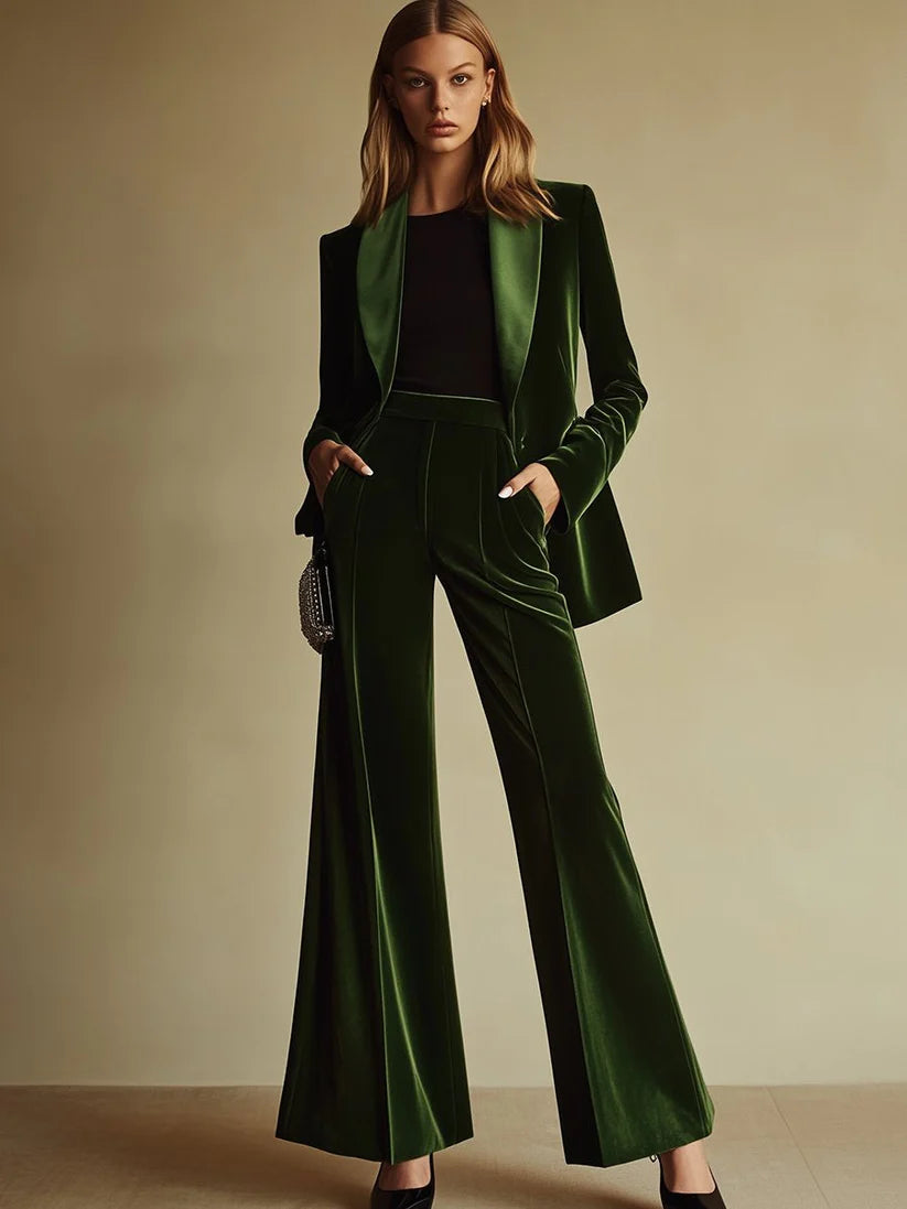 High-End Temperament Loose Retro Green Velvet Suit