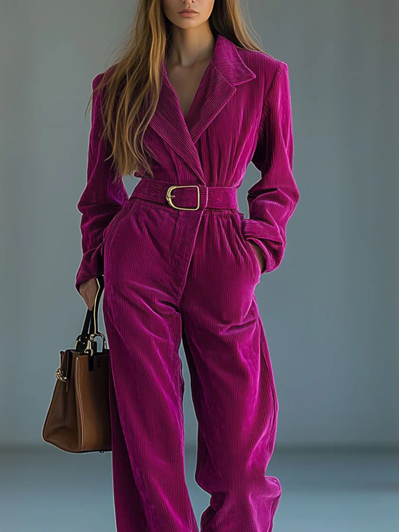 Casual Loose Retro Solid Color Corduroy Lapel Tie Long Sleeve Jumpsuit