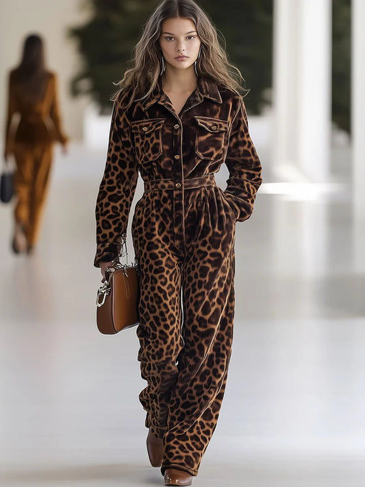 Casual Loose Retro Corduroy Leopard Long Sleeve Jumpsuit