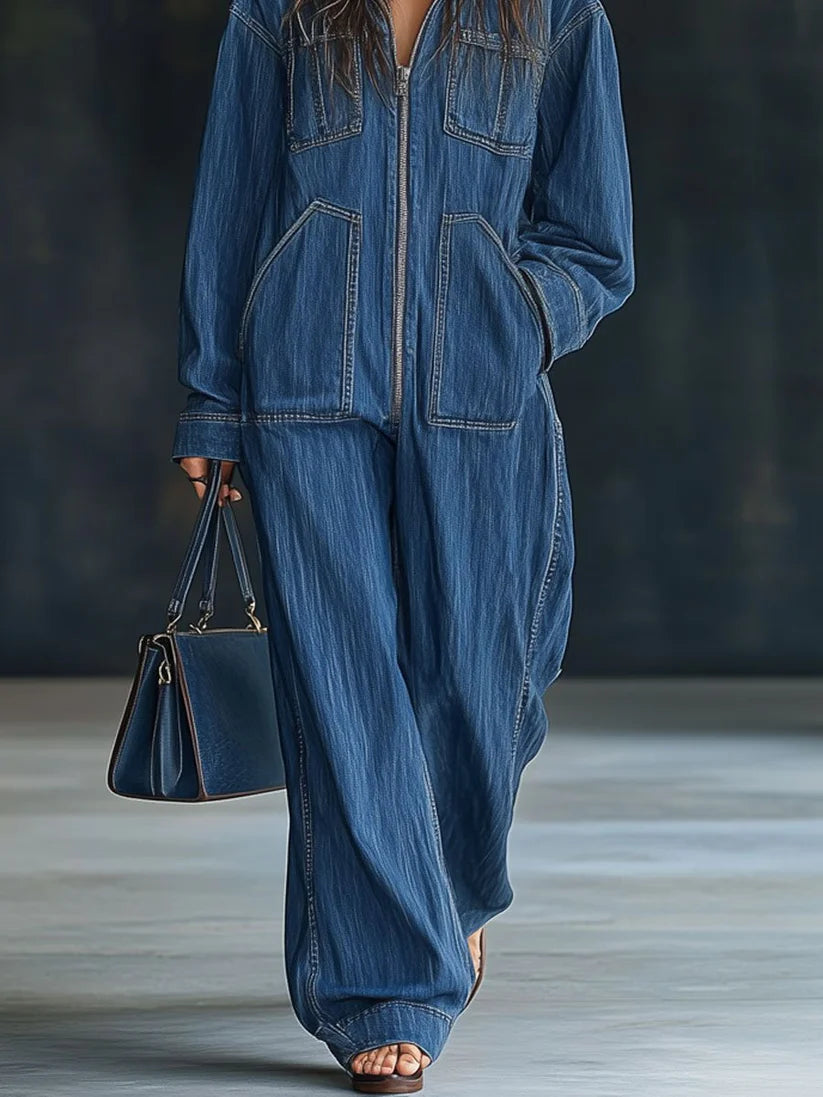 Casual Long Retro Denim Jumpsuit