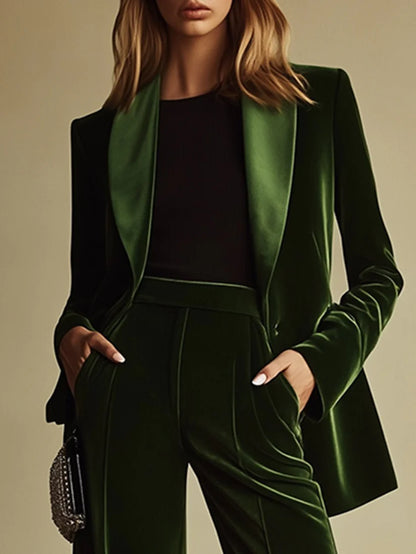 High-End Temperament Loose Retro Green Velvet Suit